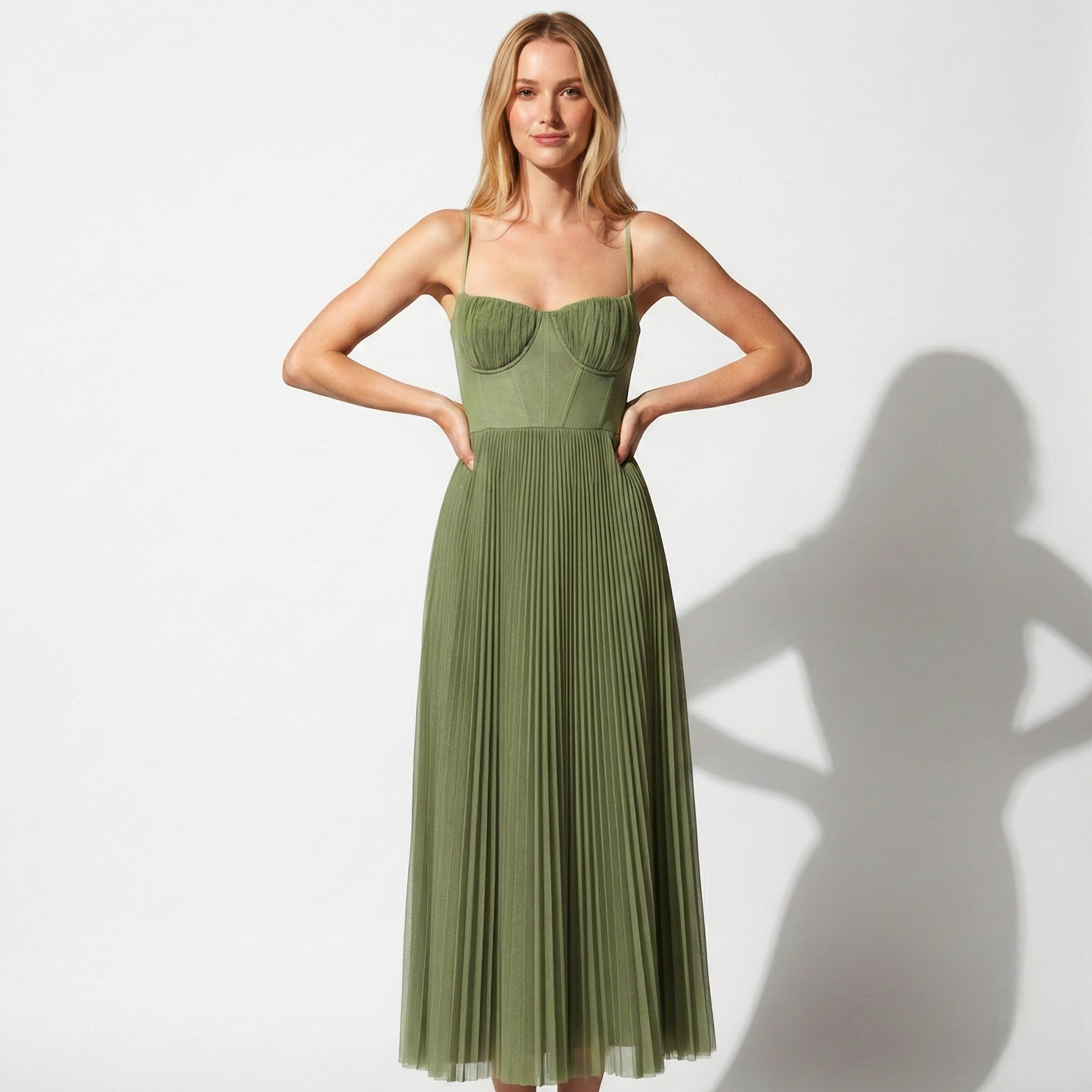 MEWE | Pleated Corset Midi Dress with Spaghetti Straps Mewe London
