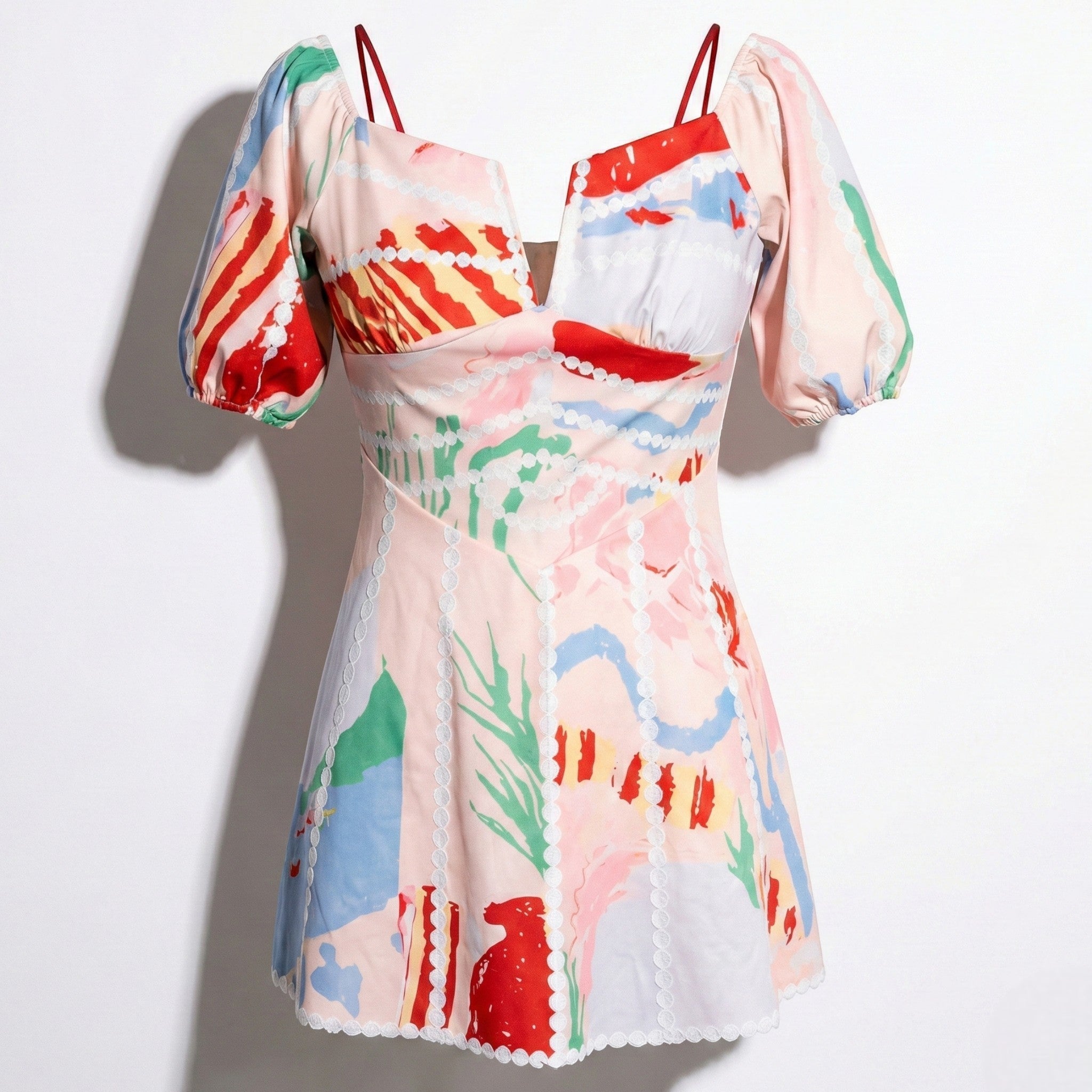 MEWE | Puff Sleeve Mini Dress with Graphic Print and Ric Rac Trim Mewe London