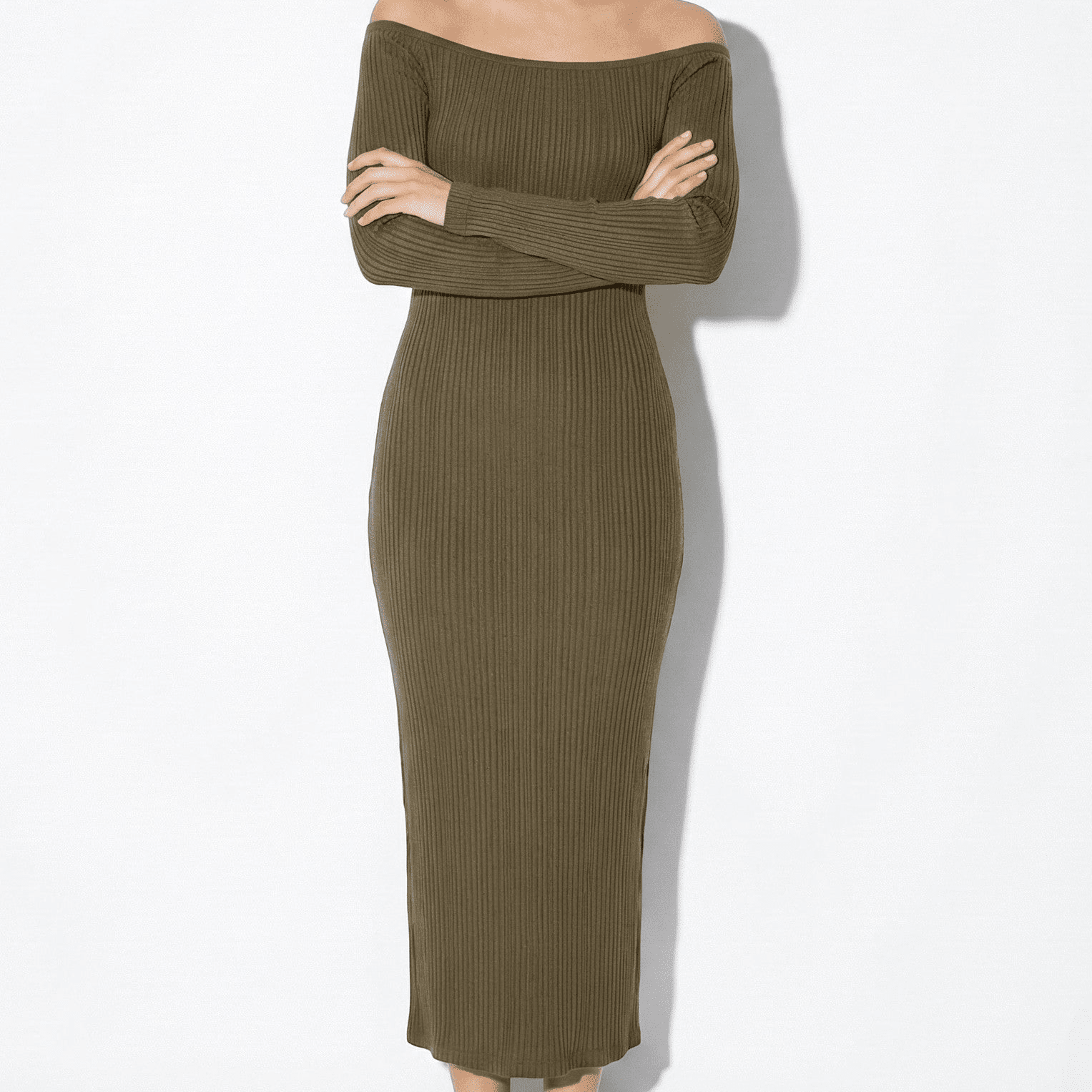 MEWE | Ribbed Off-Shoulder Maxi Dress with Long Sleeves Mewe London