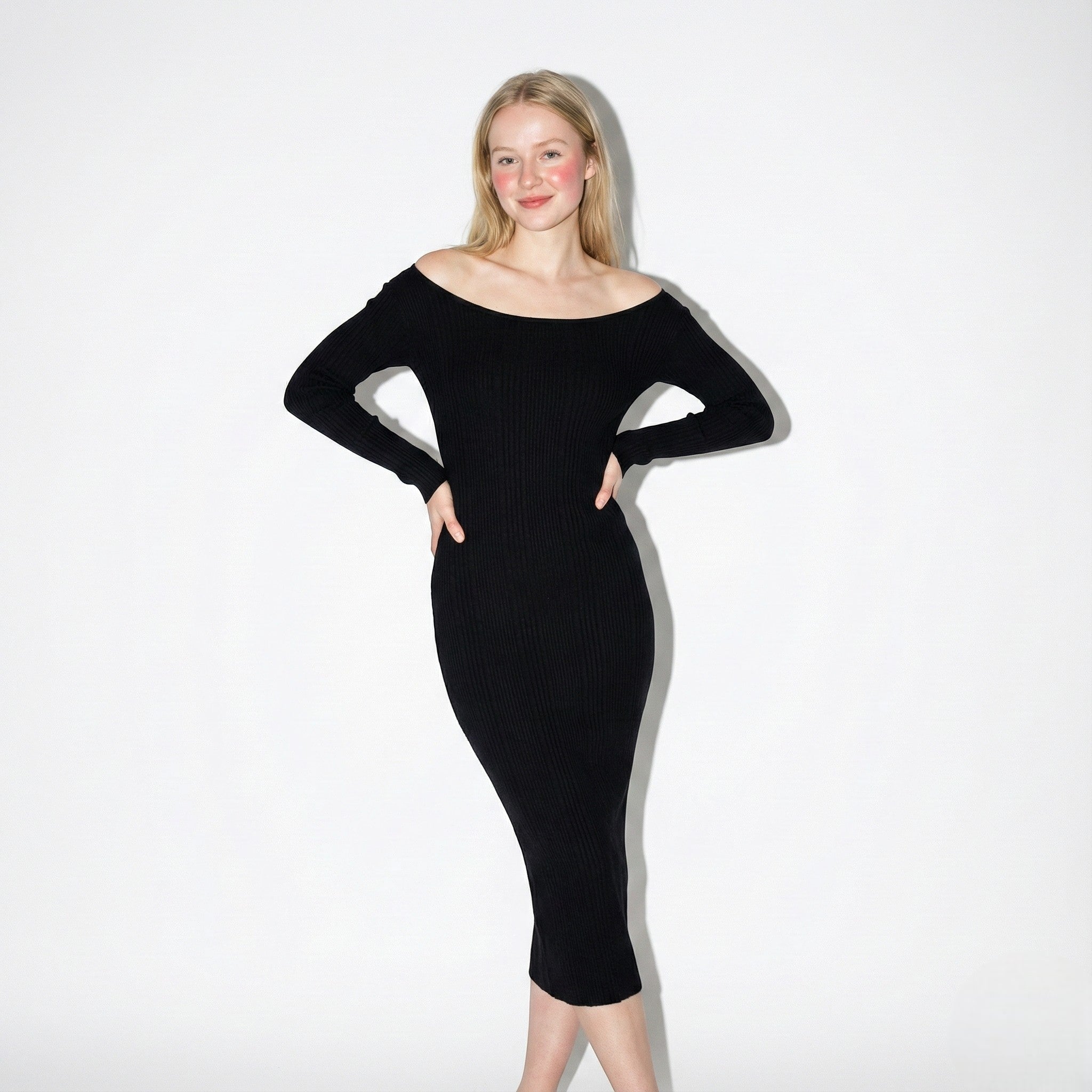 MEWE | Ribbed Off-Shoulder Maxi Dress with Long Sleeves Mewe London