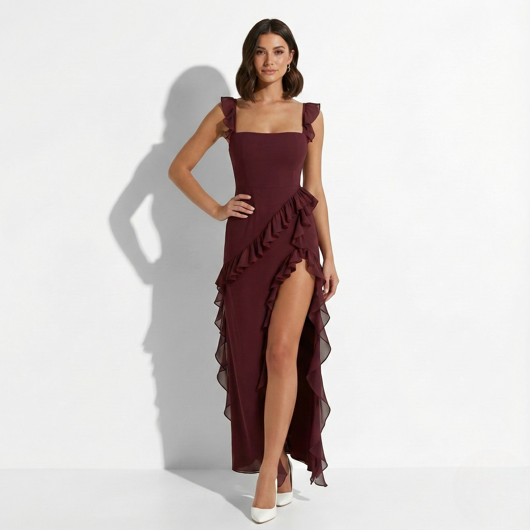 MEWE | Ruffle Trim Maxi Dress with Square Neck and High Slit Mewe London