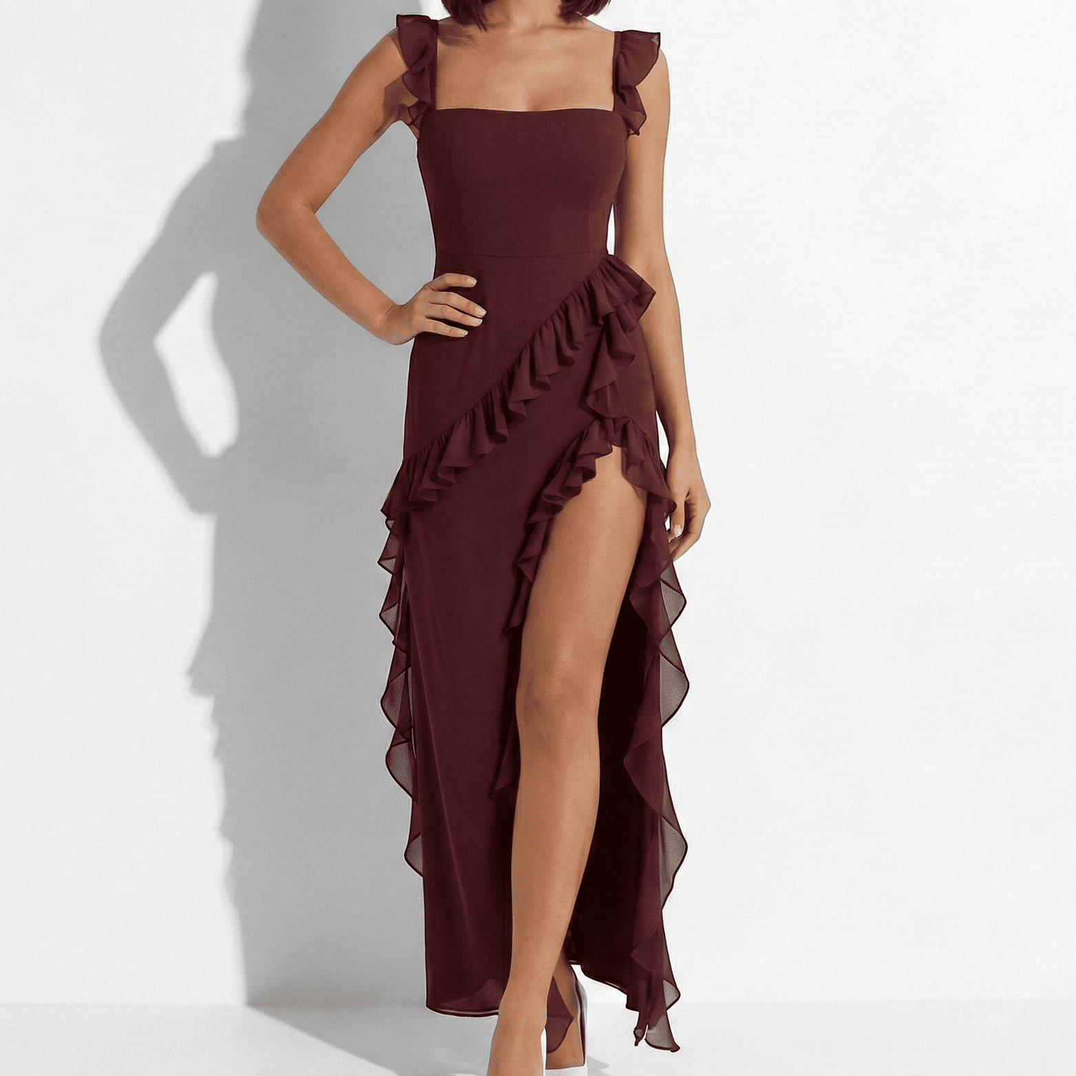 MEWE | Ruffle Trim Maxi Dress with Square Neck and High Slit Mewe London