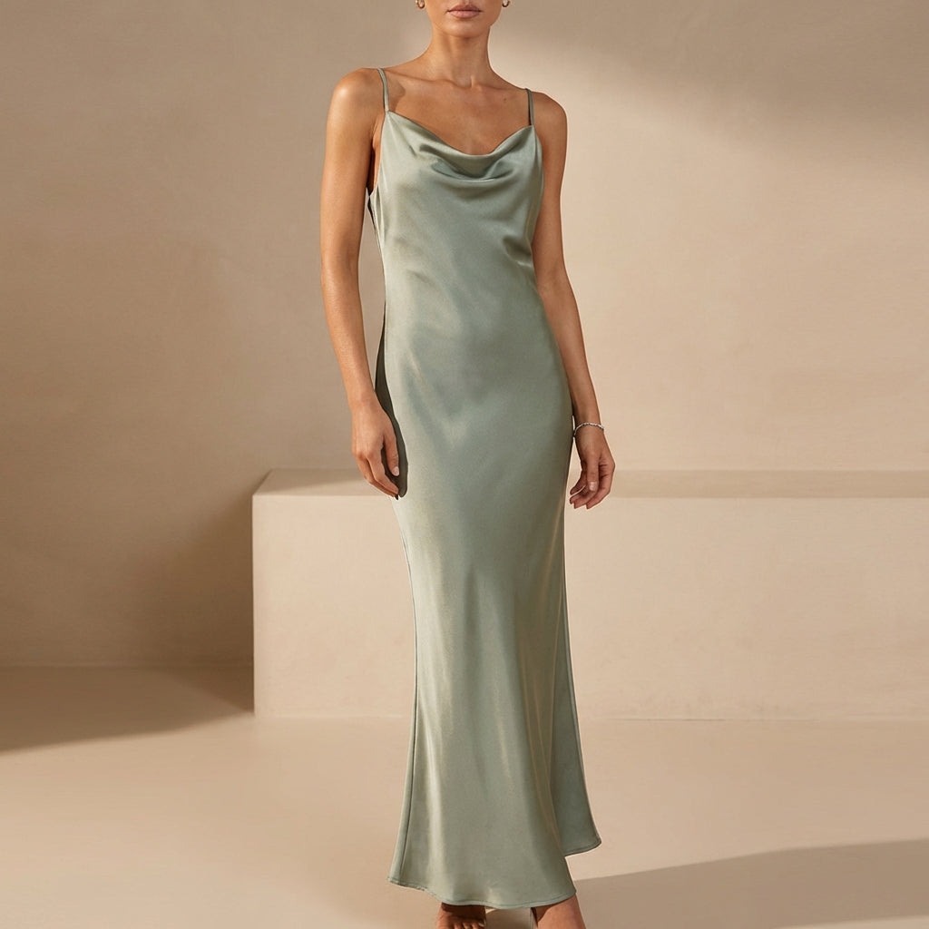 MEWE | Satin Cowl Neck Maxi Dress with Spaghetti Straps Mewe London