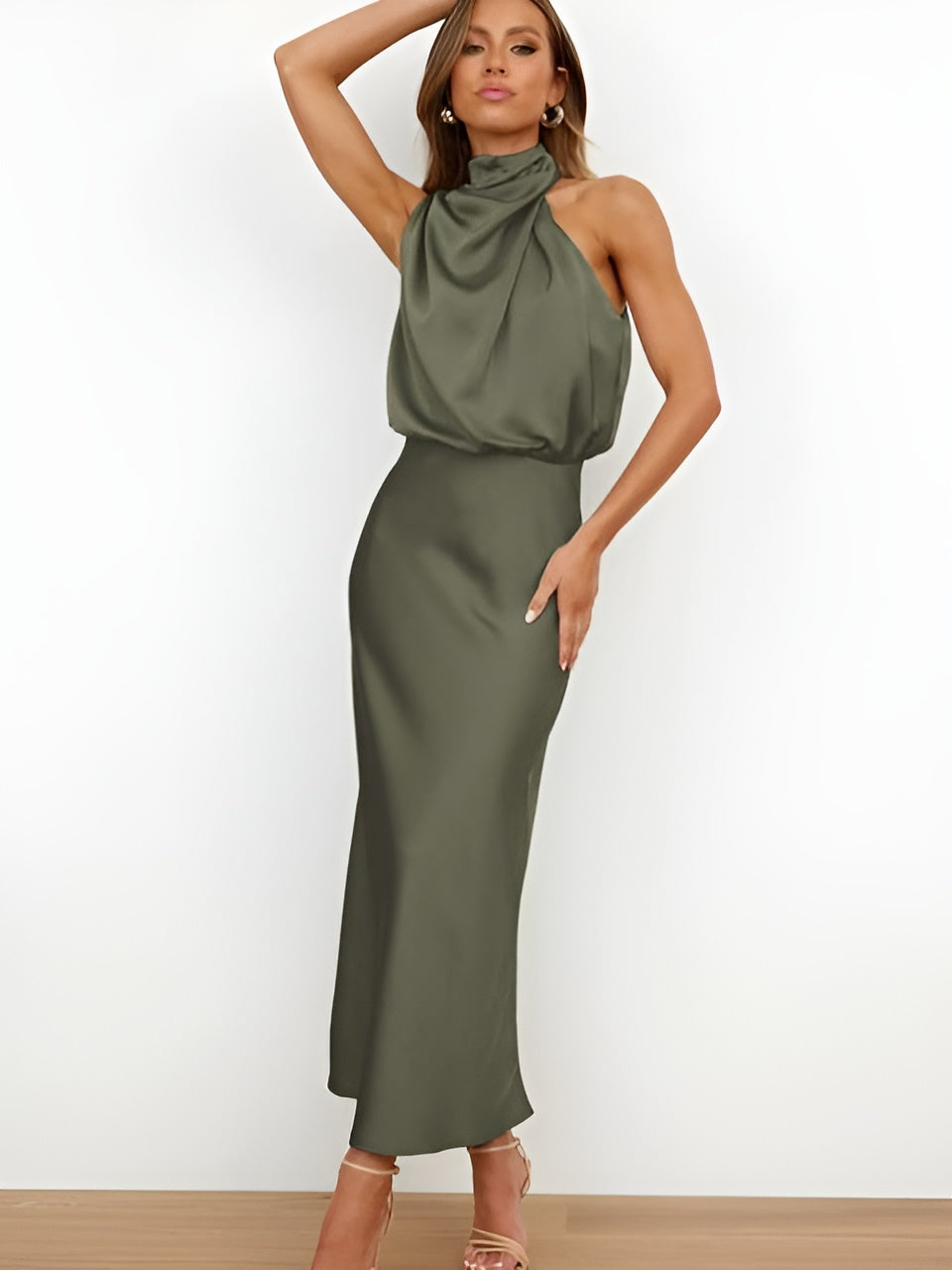 MEWE | Satin Halter-Neck Midi Cocktail Dress with Draped Detail Mewe London