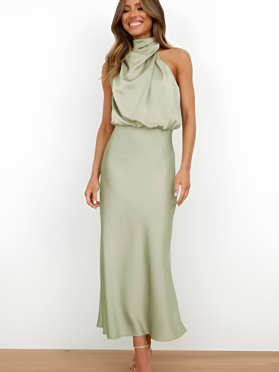 MEWE | Satin Halter-Neck Midi Cocktail Dress with Draped Detail Mewe London