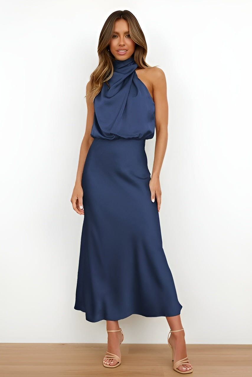 MEWE | Satin Halter-Neck Midi Cocktail Dress with Draped Detail Mewe London