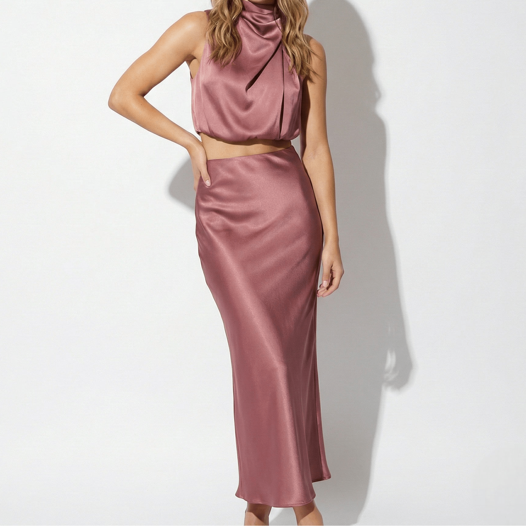MEWE | Satin Maxi Skirt Set with High Neck Drape Top Mewe London