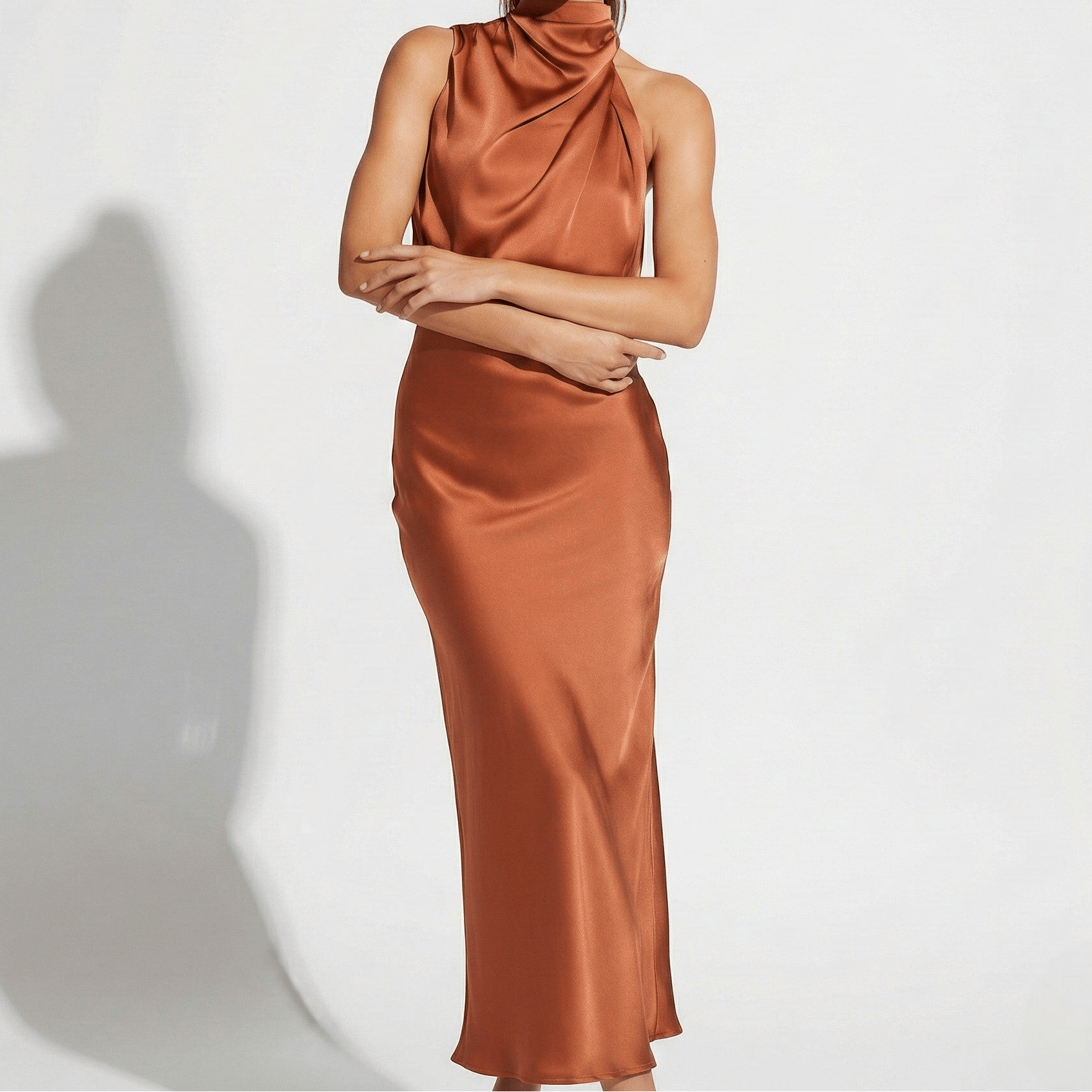 MEWE | Satin Maxi Skirt Set with High Neck Drape Top Mewe London