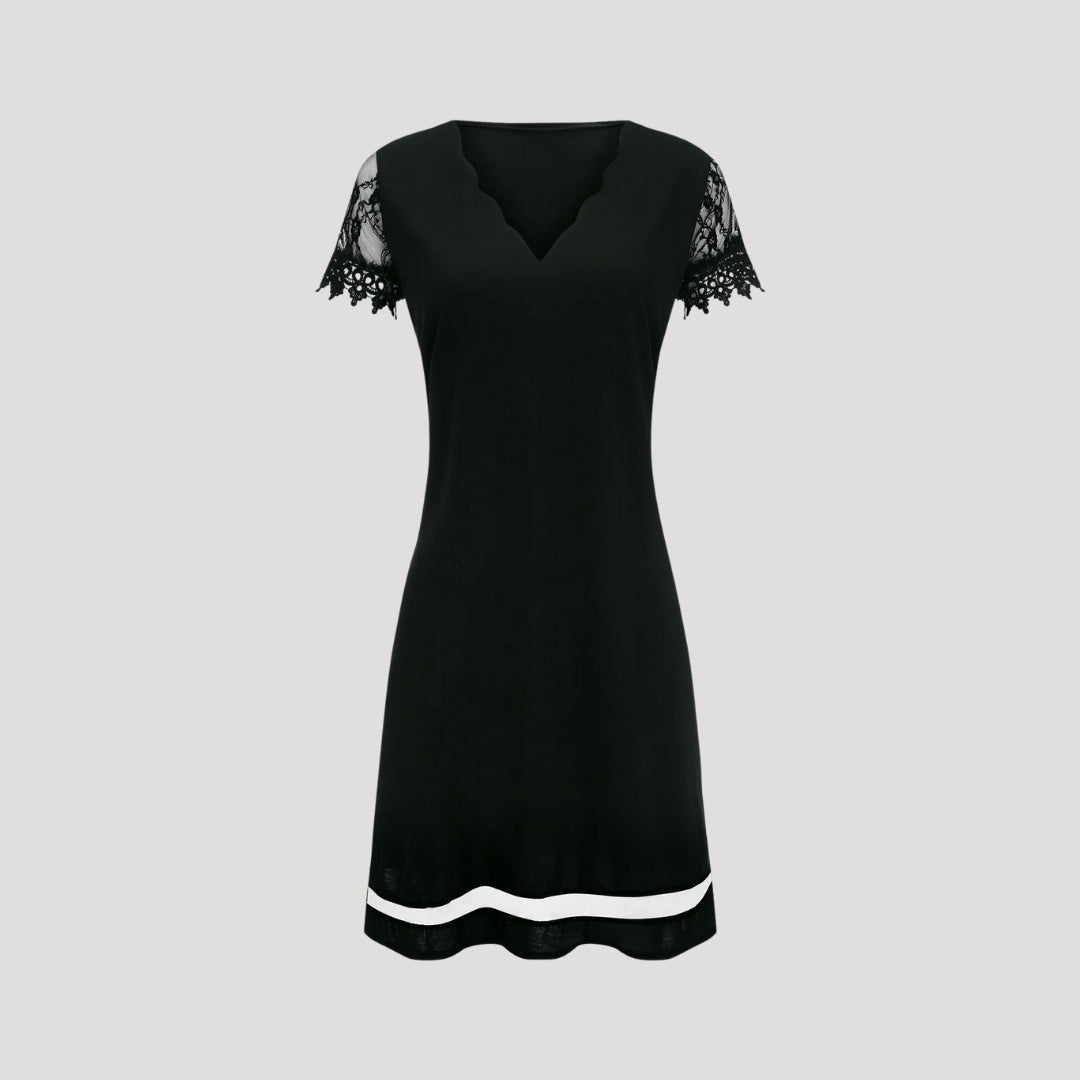 MEWE | Scallop V Neck Mini Dress with Lace Cap Sleeves Mewe London