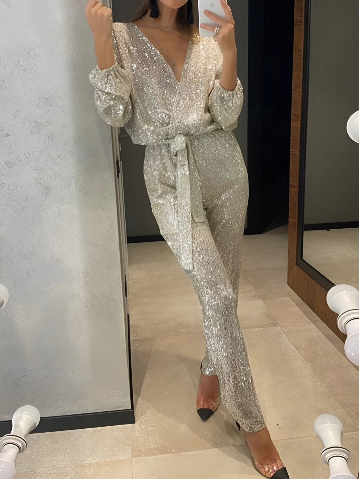 MEWE | Sequin Belt Jumpsuit with V-Neckline and Long Sleeves