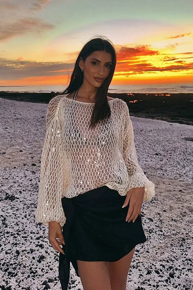 MEWE | Sequin Open Knit Sweater with Long Sleeves Mewe London