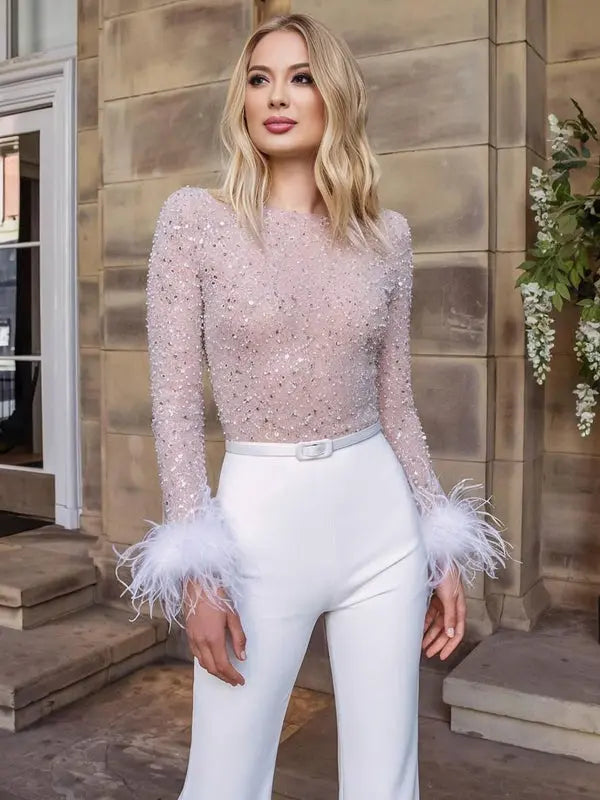 MEWE | Sequin Jumpsuit with Feather Belt and Long Sleeves Mewe London