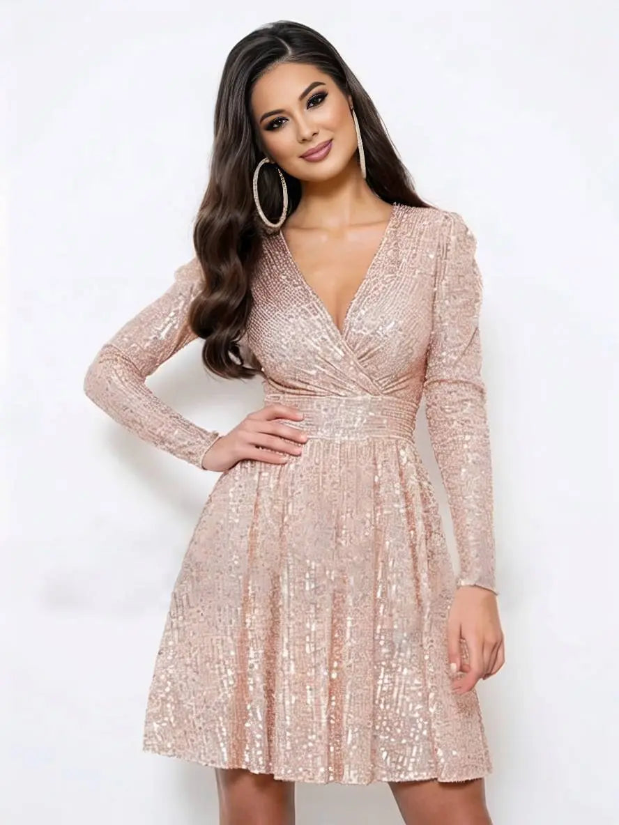 MEWE | Sequin Mini Dress with V-Neck and Long Sleeves Mewe London