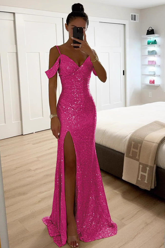 MEWE | Sequin Off-Shoulder Maxi Dress with High Slit Mewe London