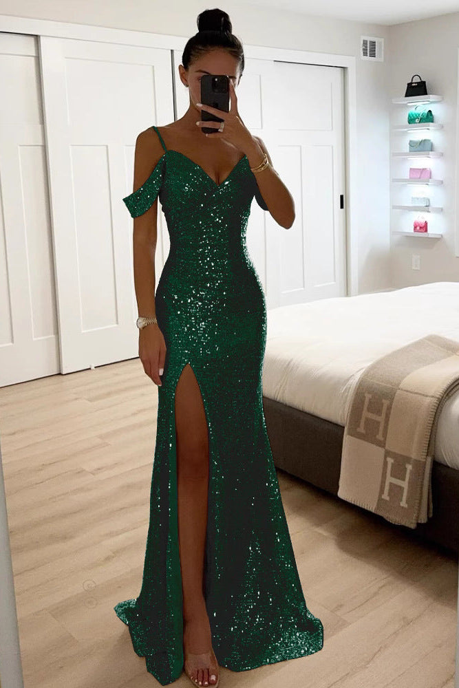 MEWE | Sequin Off-Shoulder Maxi Dress with High Slit Mewe London