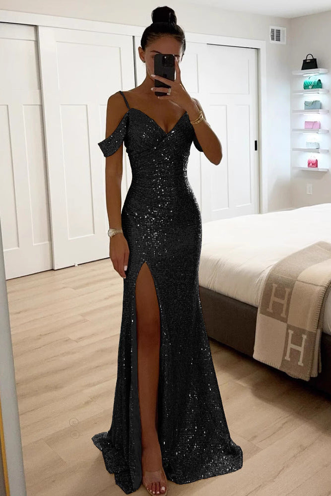 MEWE | Sequin Off-Shoulder Maxi Dress with High Slit Mewe London