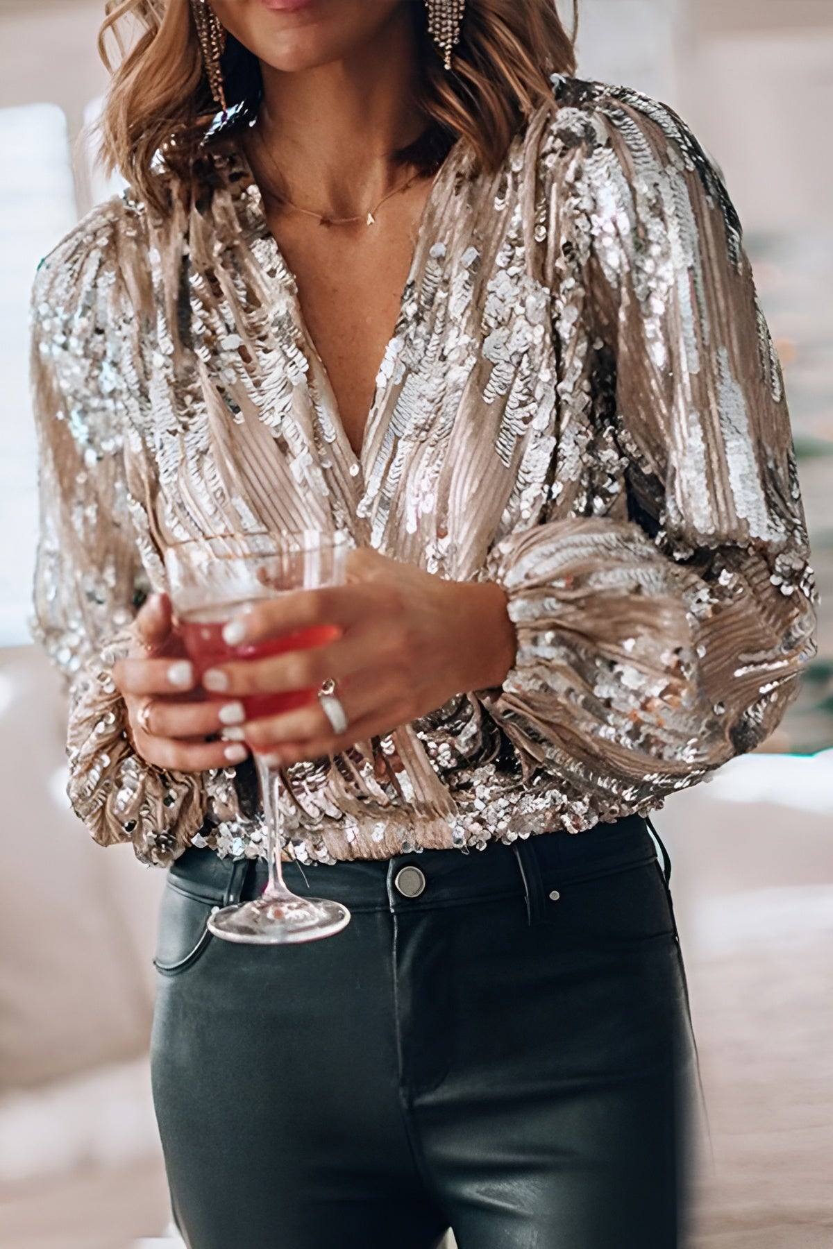 MEWE | Sequin Wrap Blouse with Deep V Neckline Mewe London
