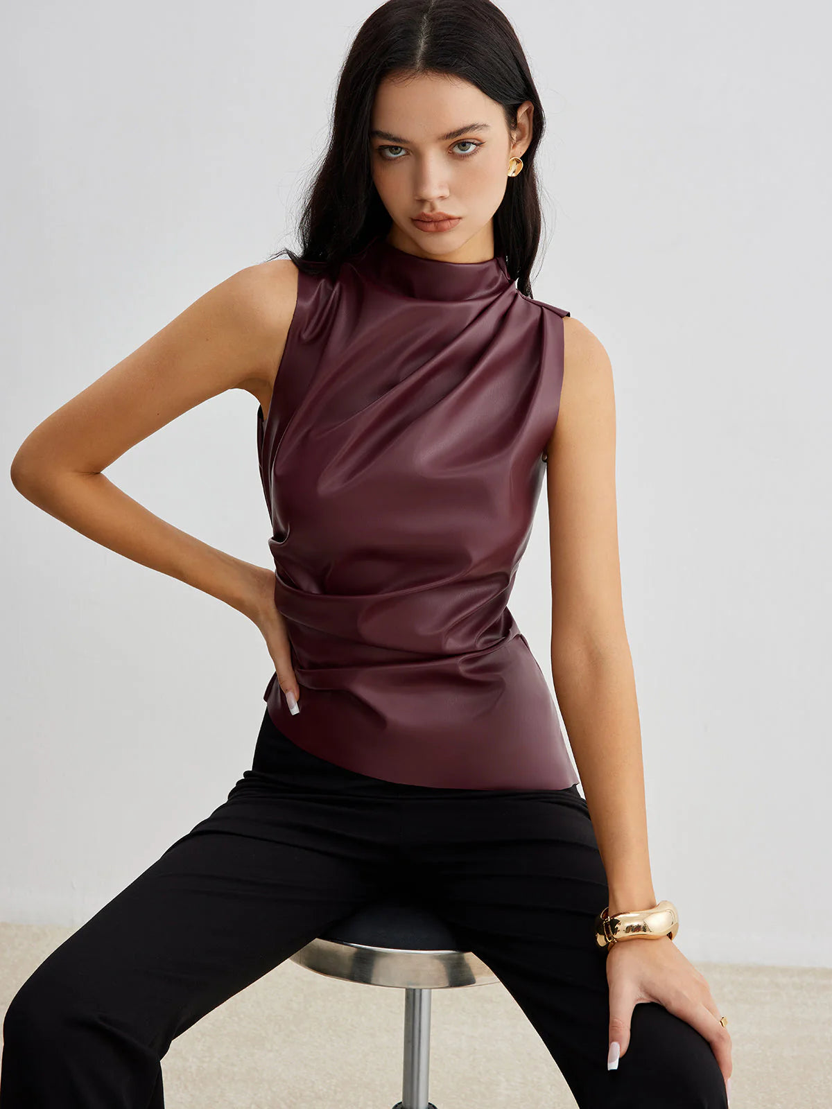 MEWE | Sleeveless Faux Material Top with High Neck Drape Detail