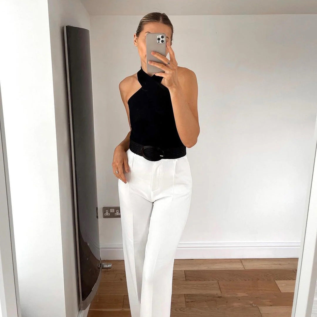 MEWE | Ribbed Halter Neck Top with Cross Front Detail Mewe London