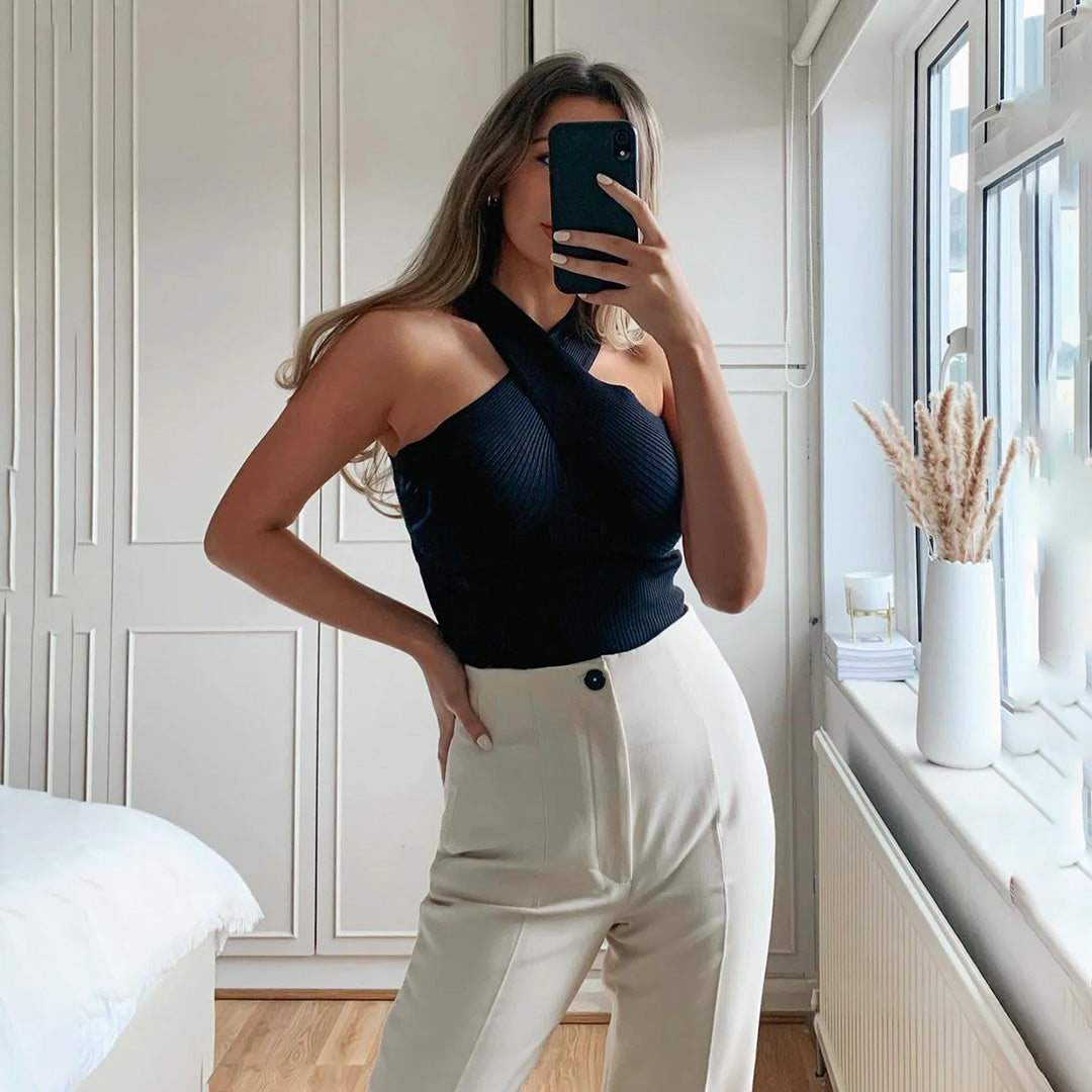 MEWE | Ribbed Halter Neck Top with Cross Front Detail Mewe London