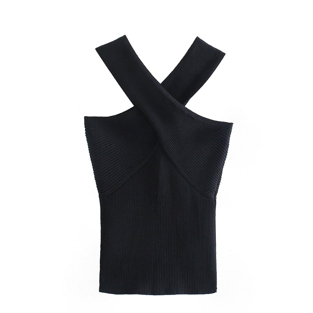 MEWE | Ribbed Halter Neck Top with Cross Front Detail Mewe London