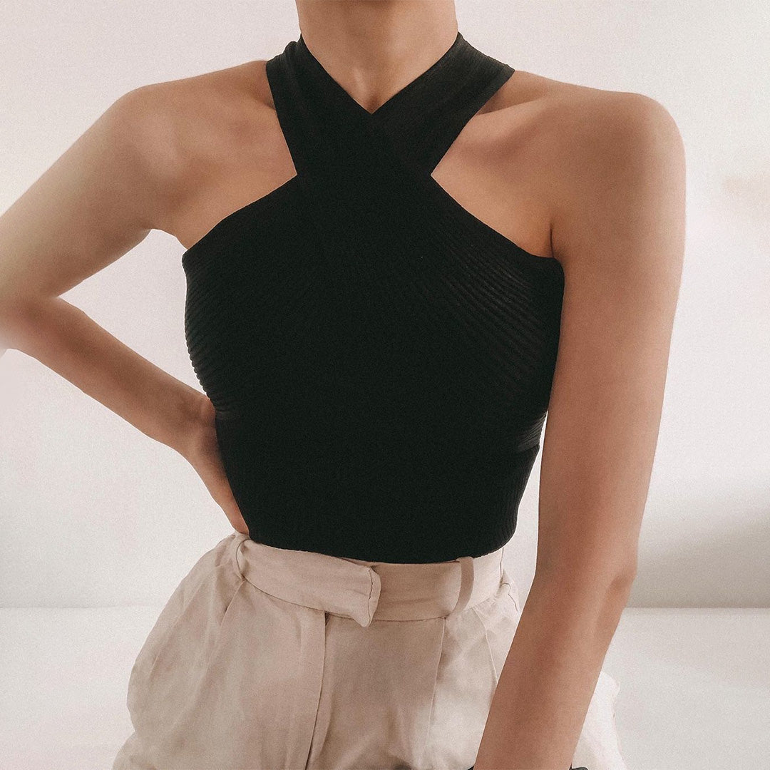 MEWE | Ribbed Halter Neck Top with Cross Front Detail Mewe London