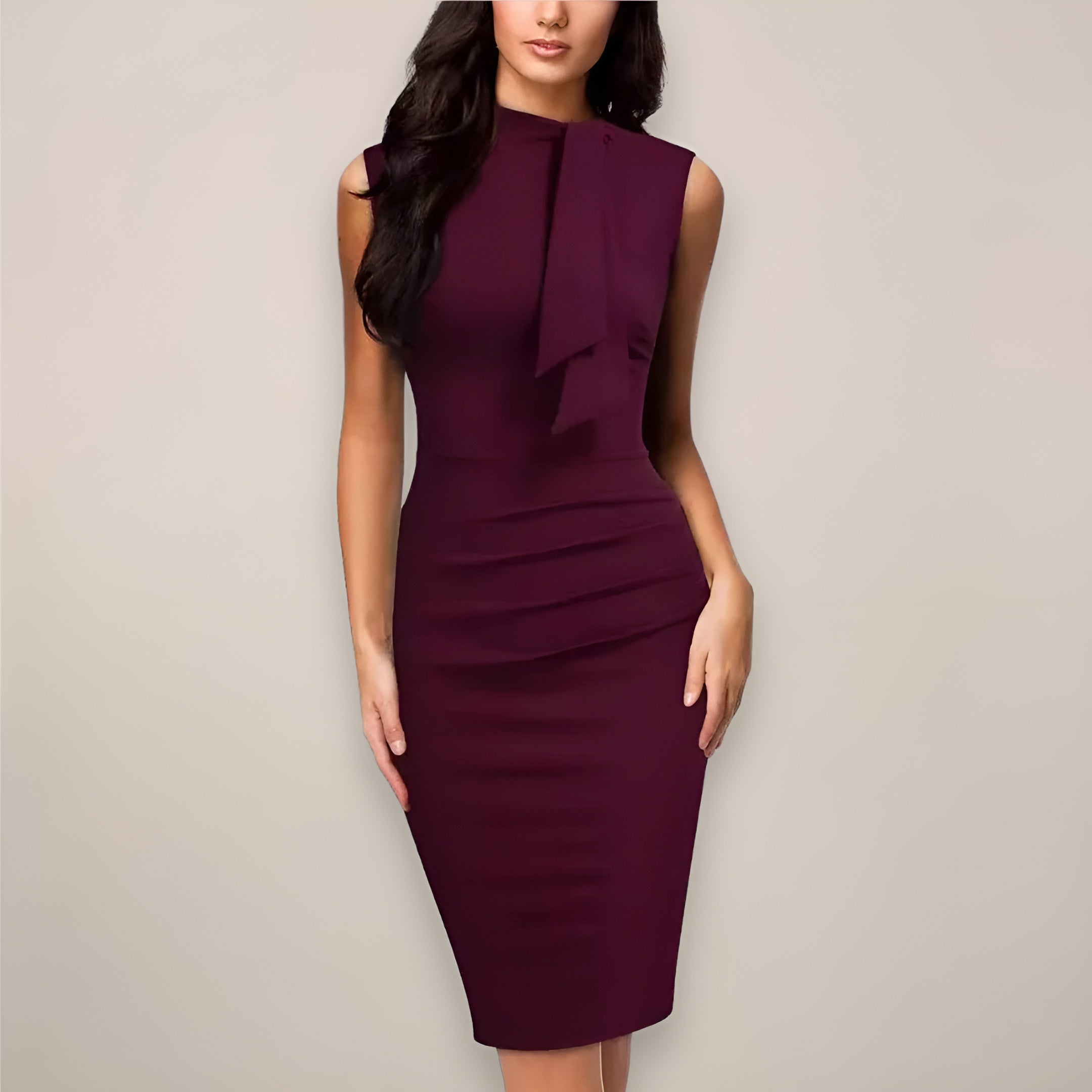 MEWE | Spring Sleeveless Sheath Midi Dress with Draped Neck Detail Mewe London