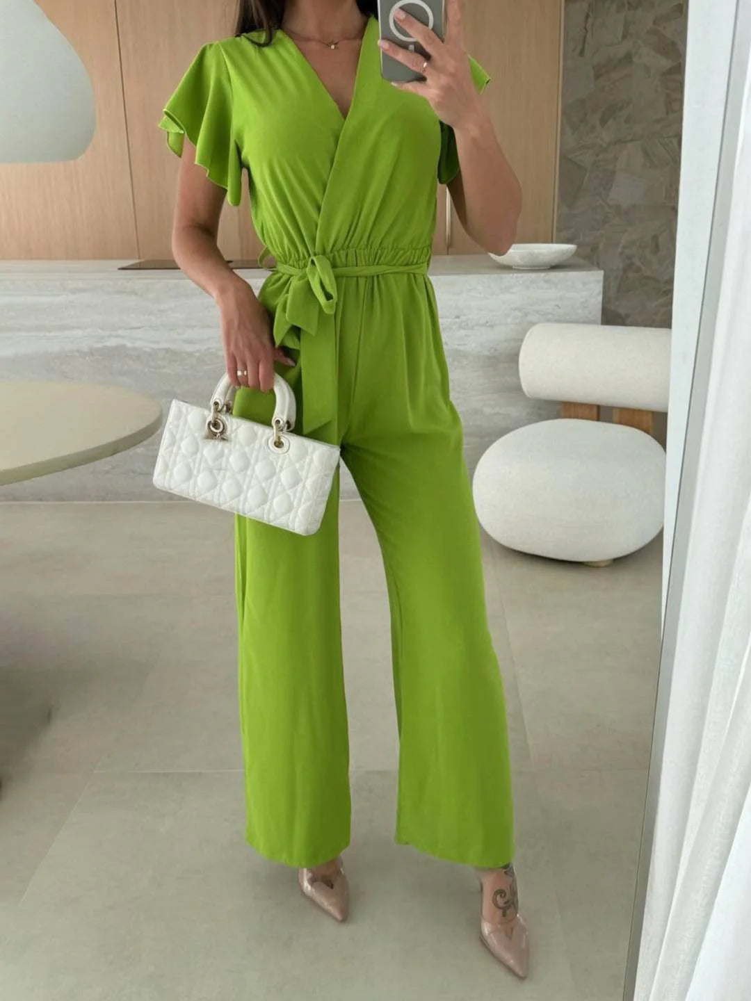 MEWE | Sleeveless V-Neck Jumpsuit with Belt and Wide-Leg Design