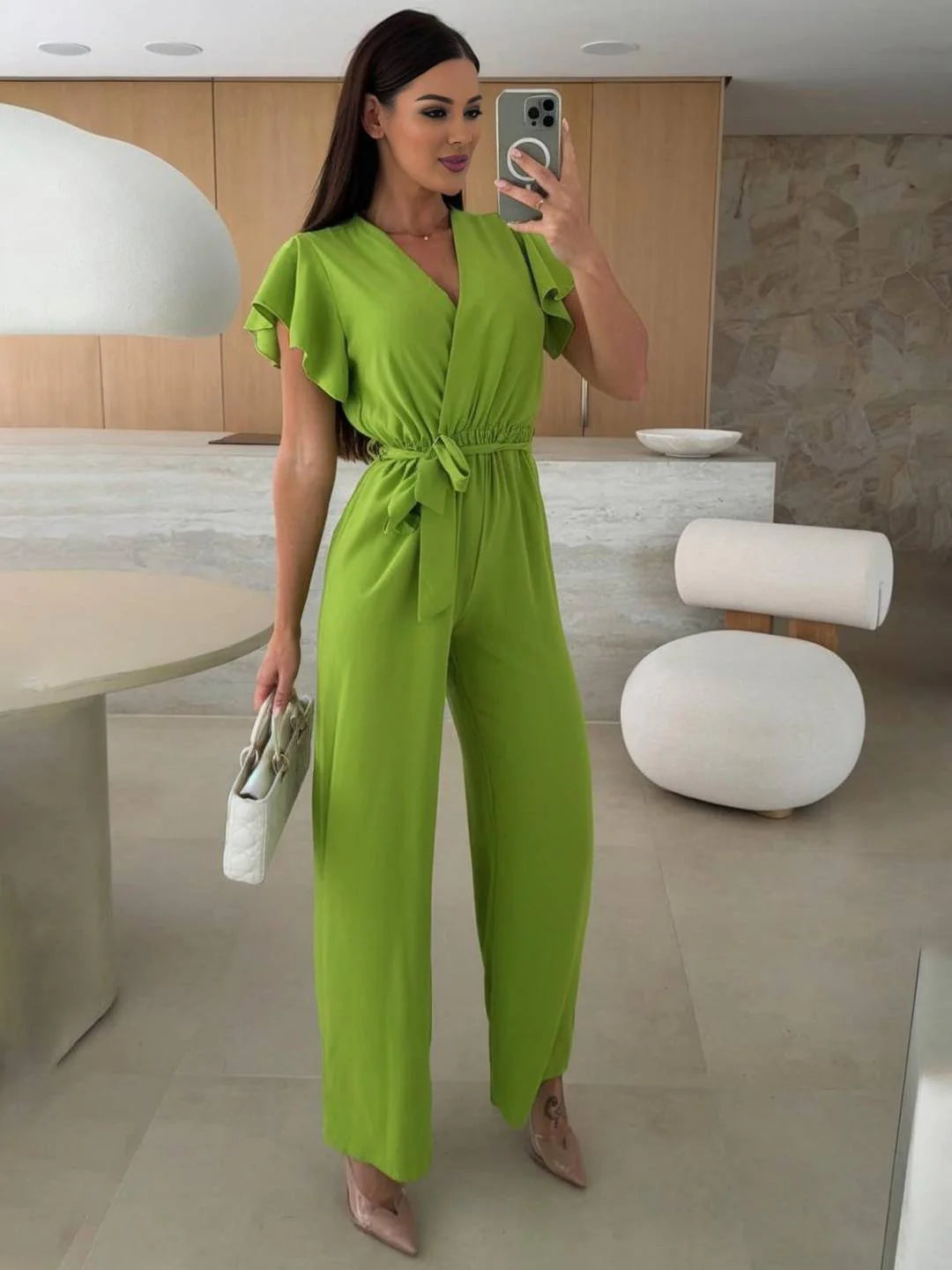 MEWE | Sleeveless V-Neck Jumpsuit with Belt and Wide-Leg Design
