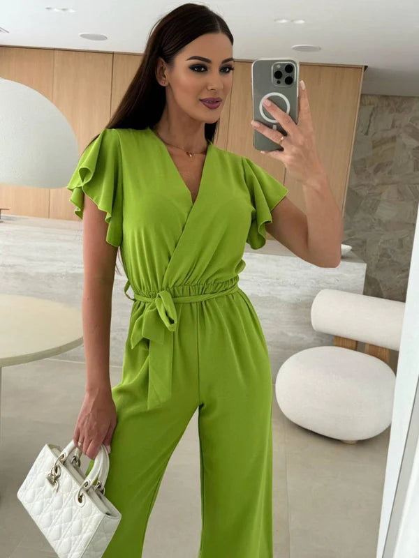 MEWE | Sleeveless V-Neck Jumpsuit with Belt and Wide-Leg Design