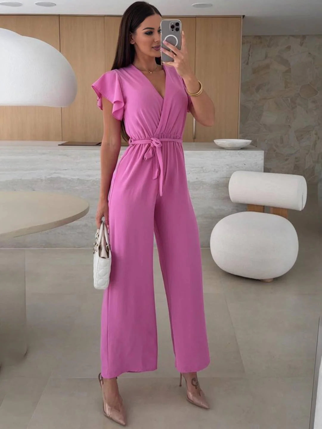 MEWE | Sleeveless V-Neck Jumpsuit with Belt and Wide-Leg Design