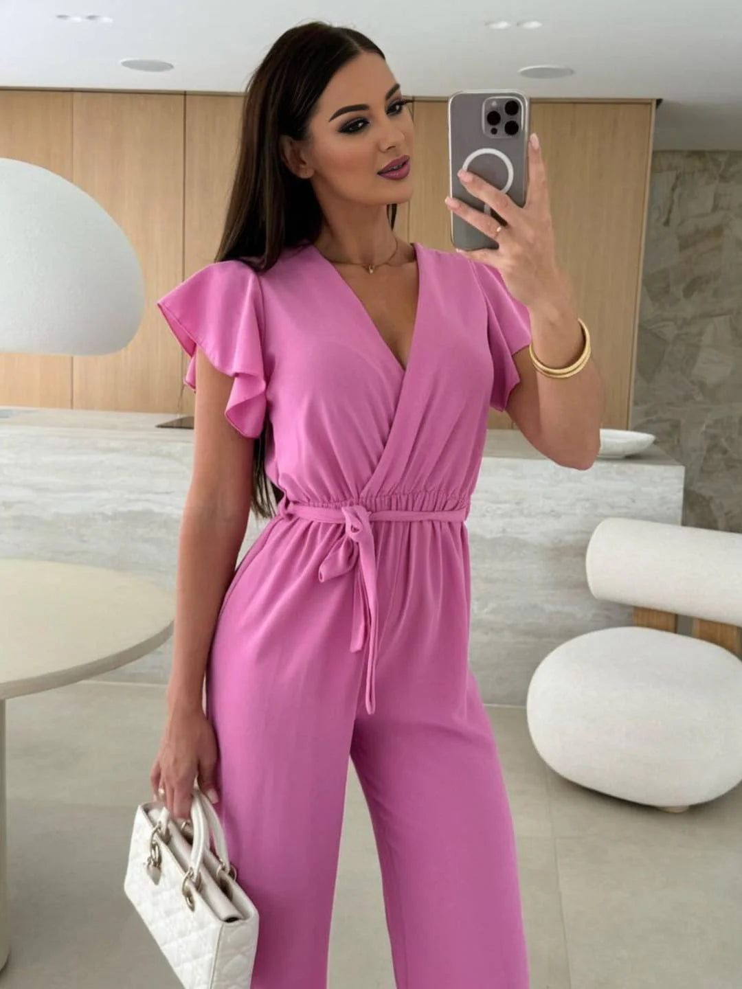 MEWE | Sleeveless V-Neck Jumpsuit with Belt and Wide-Leg Design