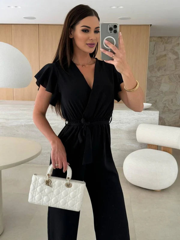 MEWE | Sleeveless V-Neck Jumpsuit with Belt and Wide-Leg Design