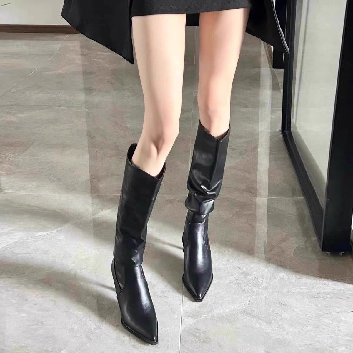 MEWE | Slouch Knee-High Stiletto Boots with Pointed Toe