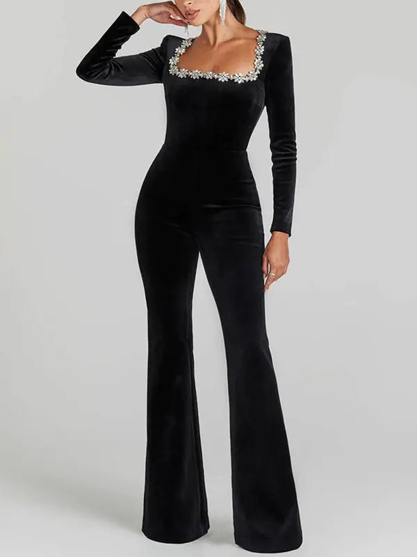 MEWE | Square-Neck Velvet Jumpsuit with Long Sleeves and Flared Trousers Mewe London