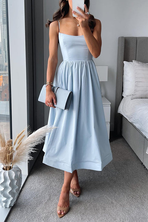 MEWE | Square Neck Wedding Guest Dress with Flared Midi Skirt Mewe London