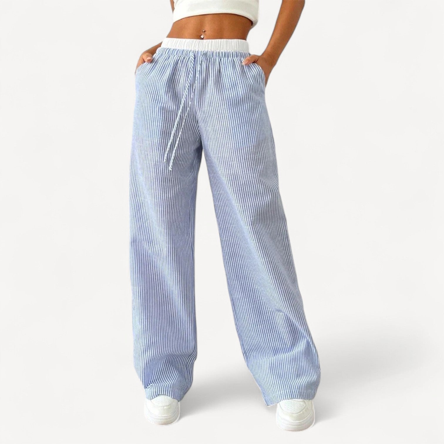 MEWE | Striped High-Waisted Wide-Leg Pants with Drawstring Mewe London