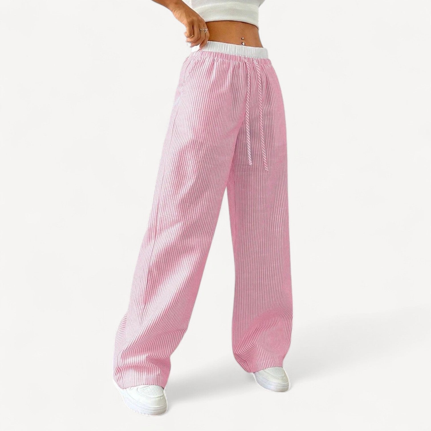 MEWE | Striped High-Waisted Wide-Leg Pants with Drawstring Mewe London