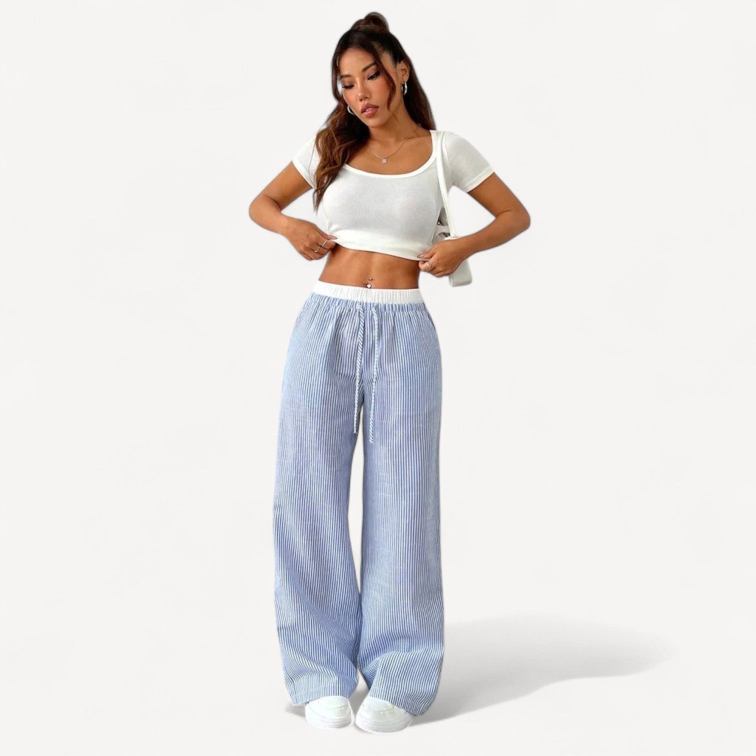 MEWE | Striped High-Waisted Wide-Leg Pants with Drawstring Mewe London