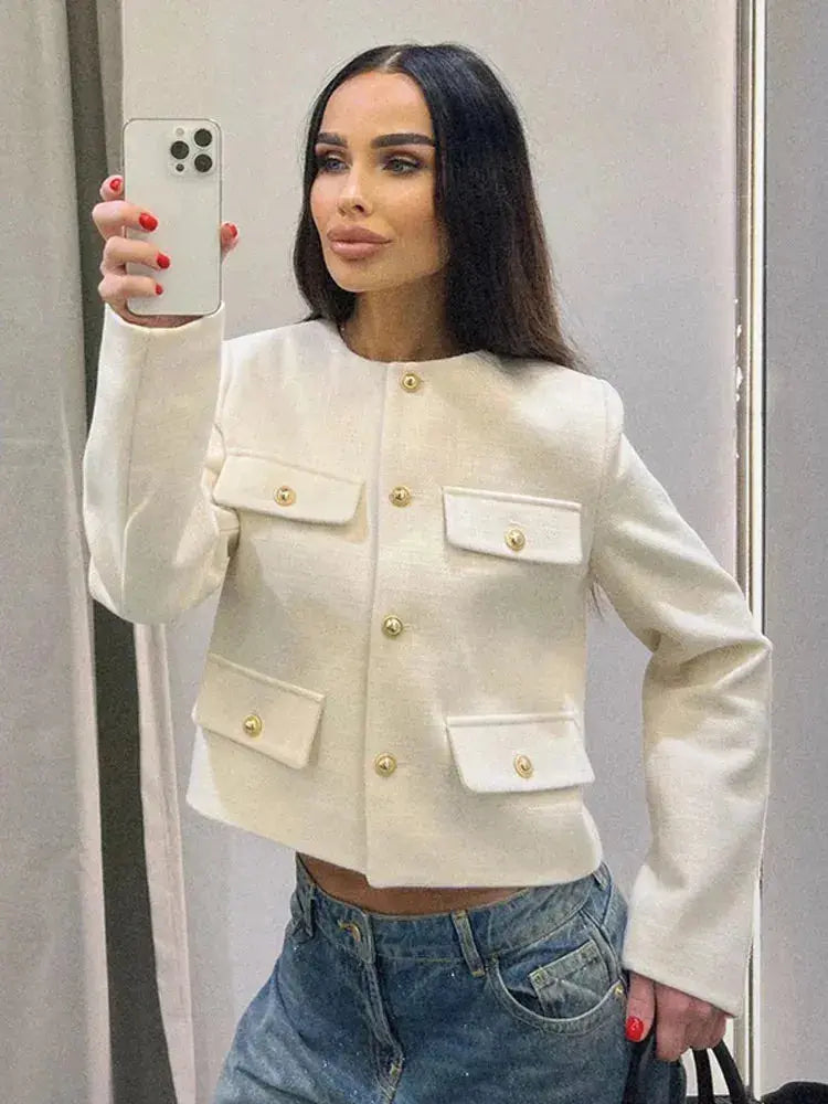 MEWE | Textured Button-Up Cropped Jacket with Round Neckline Mewe London