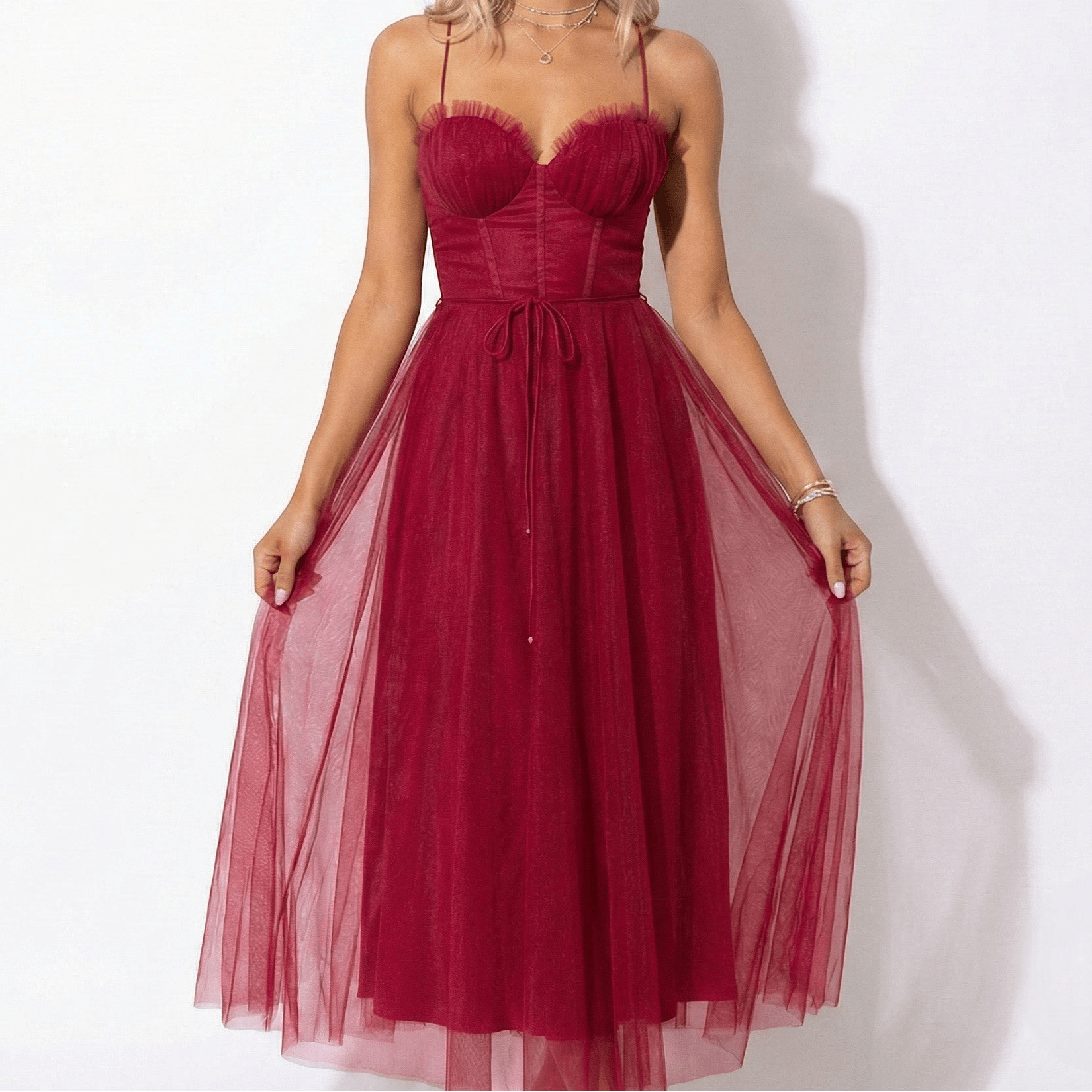 MEWE | Tulle Maxi Dress with Corset Bodice and Spaghetti Straps Mewe London