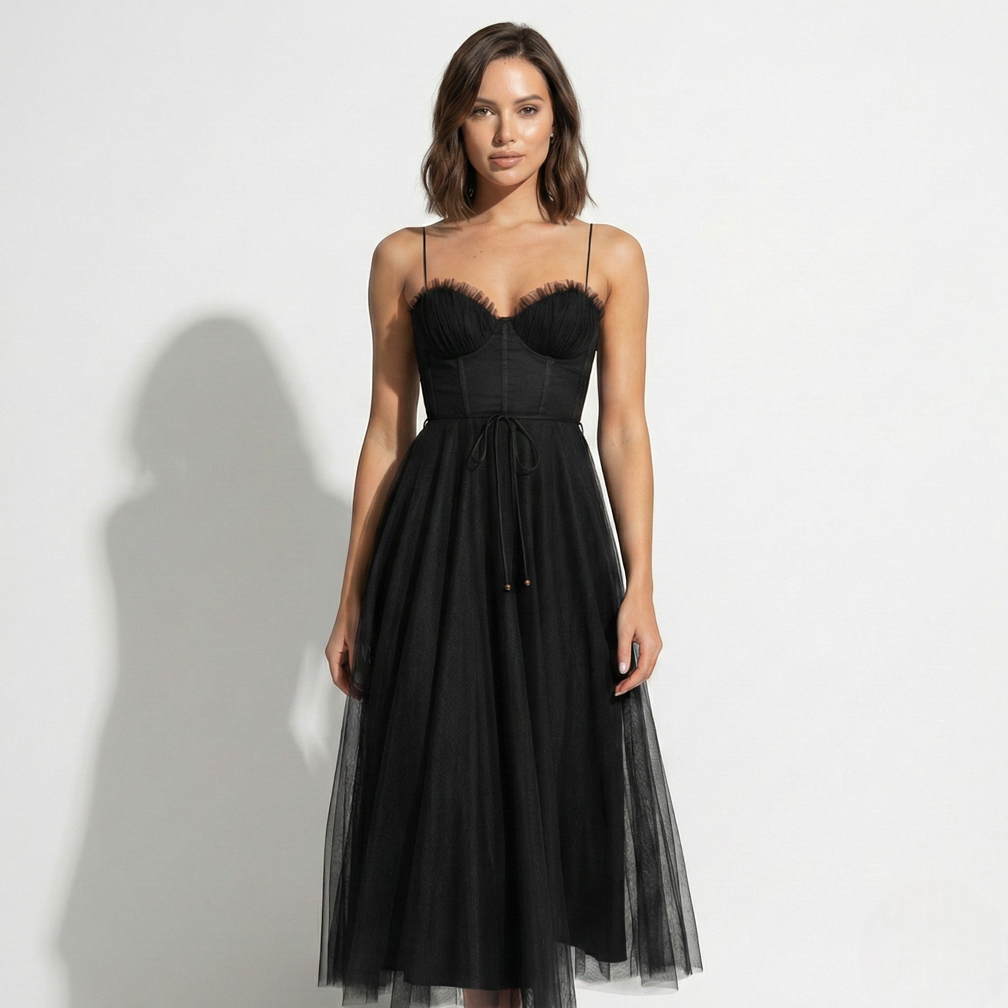 MEWE | Tulle Maxi Dress with Corset Bodice and Spaghetti Straps Mewe London
