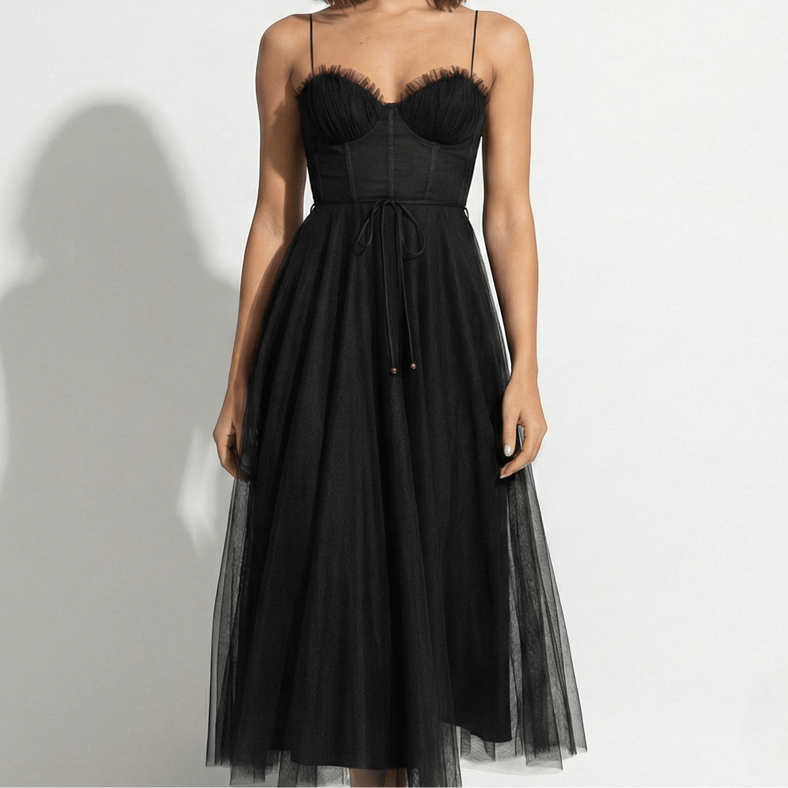 MEWE | Tulle Maxi Dress with Corset Bodice and Spaghetti Straps Mewe London