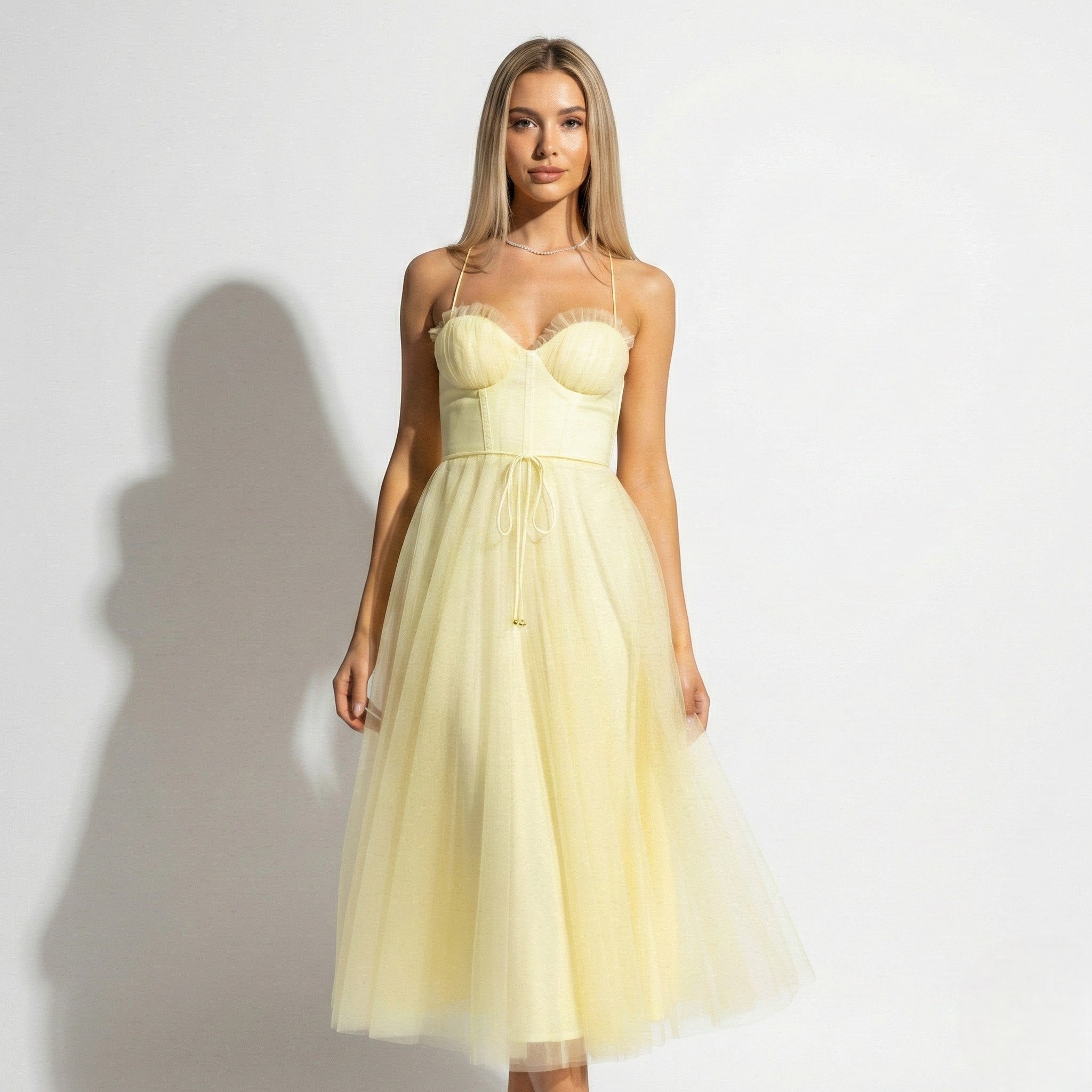 MEWE | Tulle Maxi Dress with Corset Bodice and Spaghetti Straps Mewe London