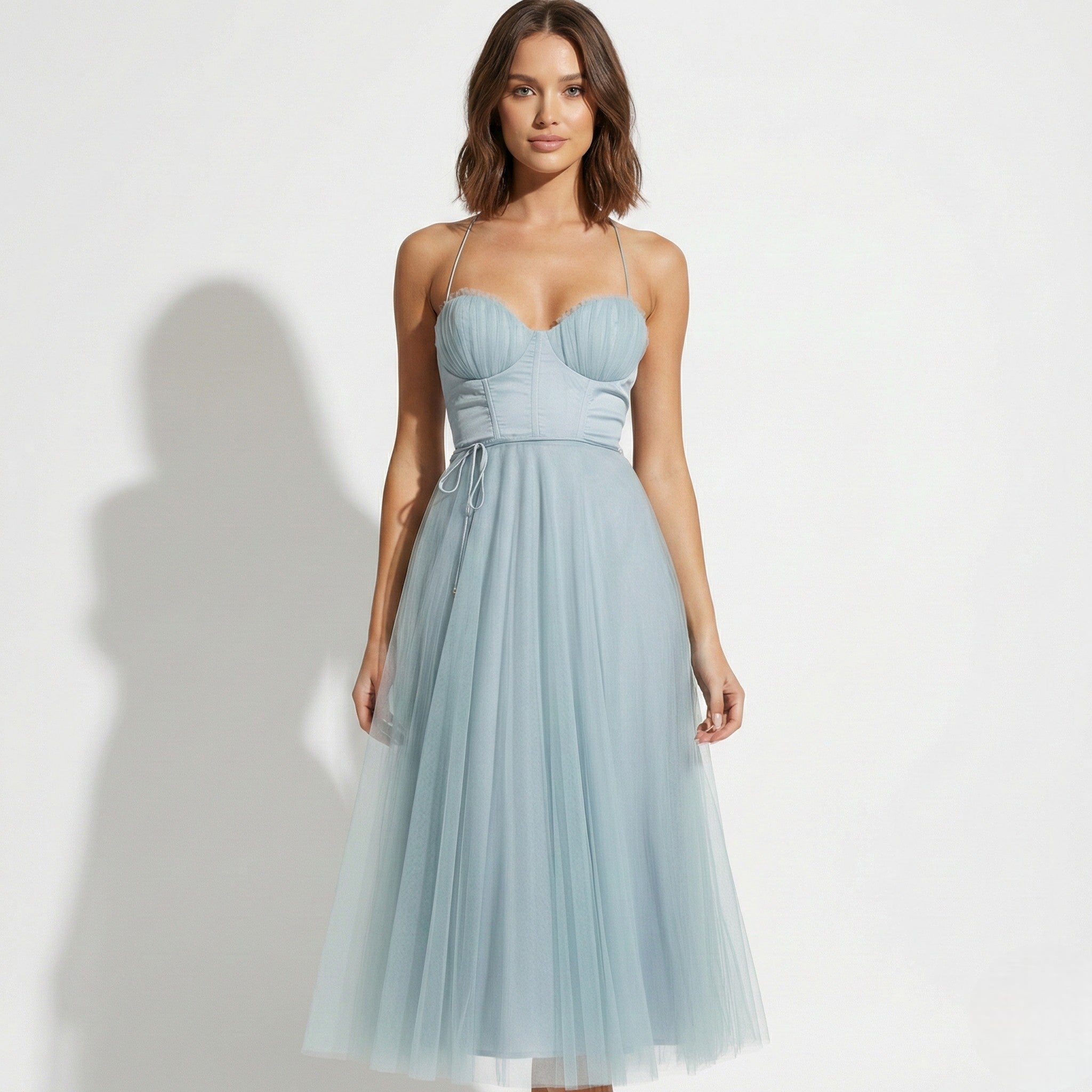 MEWE | Tulle Maxi Dress with Corset Bodice and Spaghetti Straps Mewe London