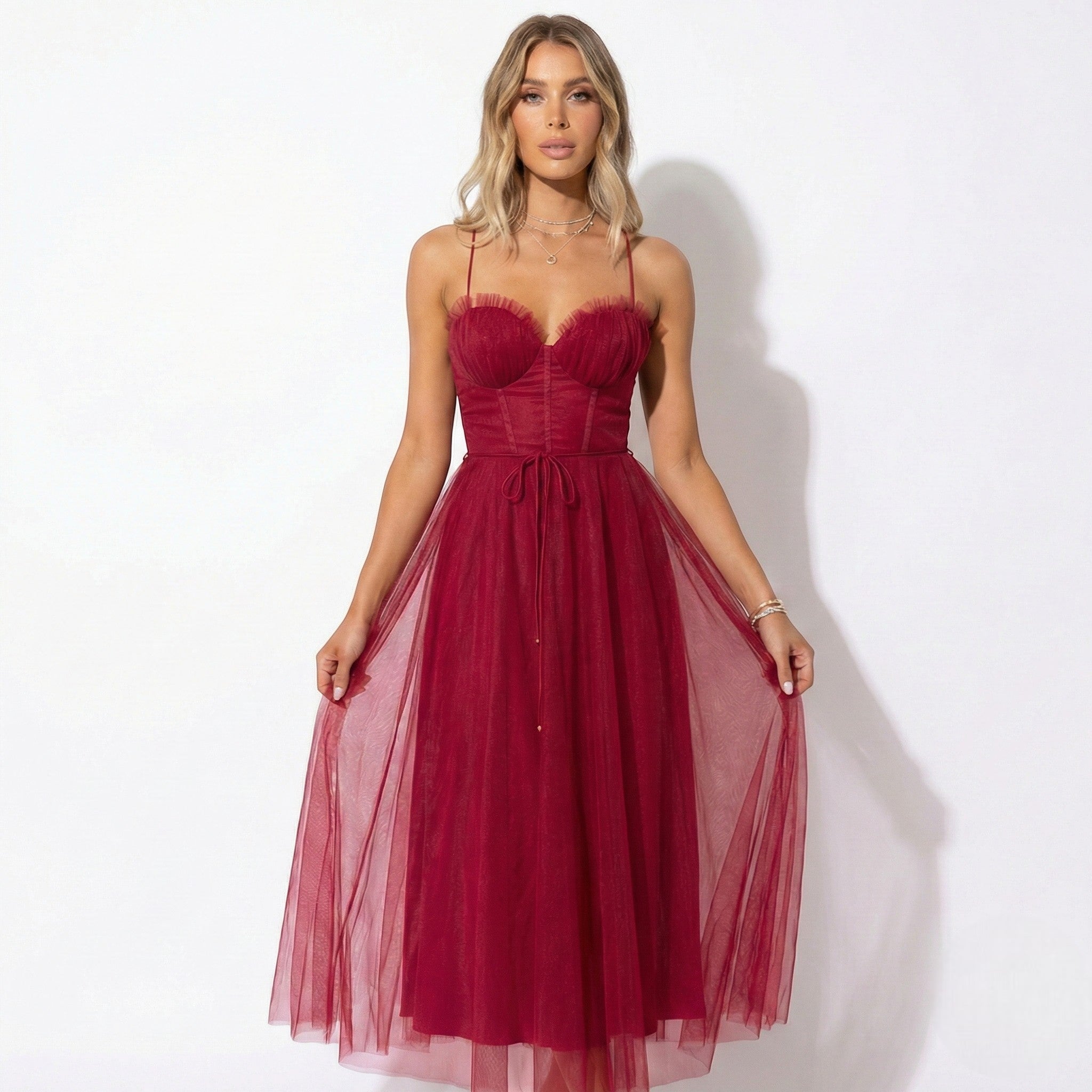 MEWE | Tulle Maxi Dress with Corset Bodice and Spaghetti Straps Mewe London