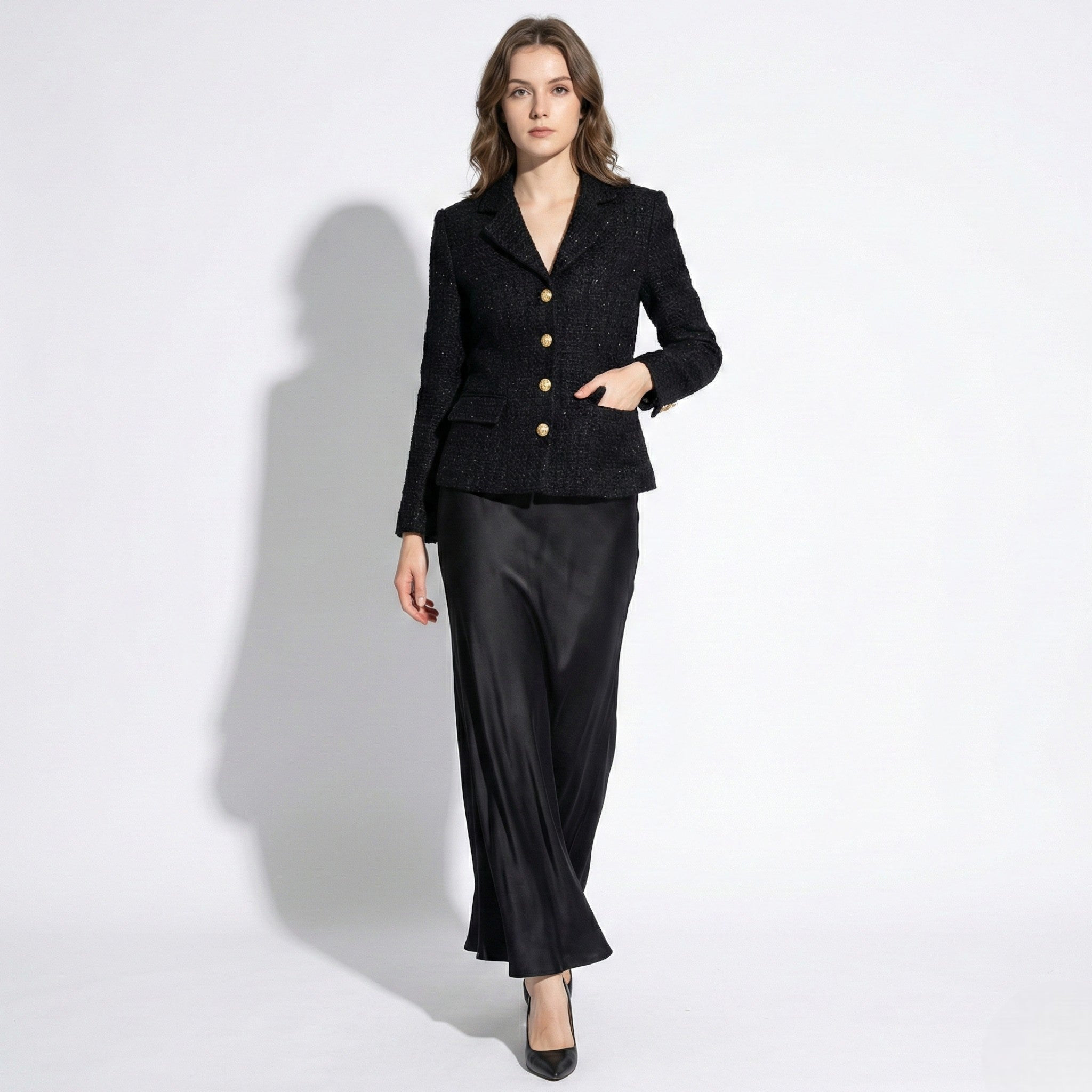MEWE | Tweed Blazer and Satin Maxi Skirt Set with Lapel Collar Mewe London