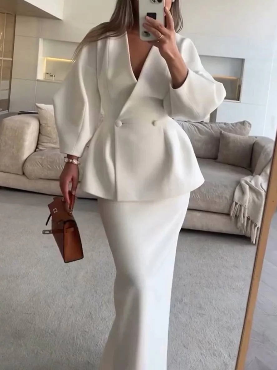 MEWE | Two-Piece Skirt Suit with Puff Sleeve Blazer and V-Neck Detail