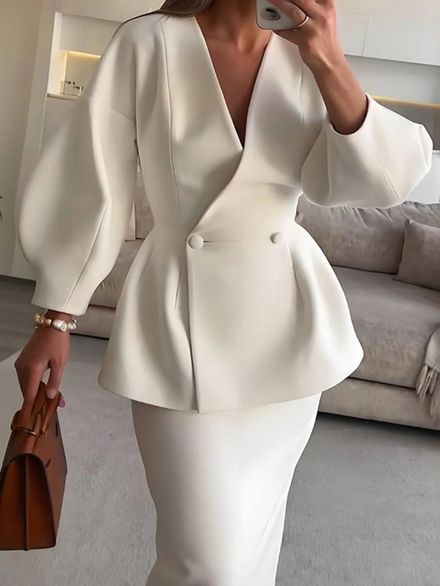 MEWE | Two-Piece Skirt Suit with Puff Sleeve Blazer and V-Neck Detail