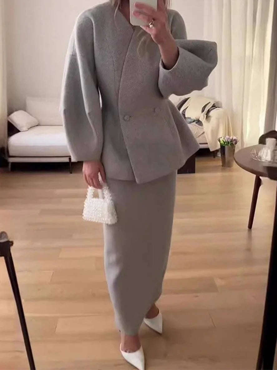 MEWE | Two-Piece Skirt Suit with Puff Sleeve Blazer and V-Neck Detail